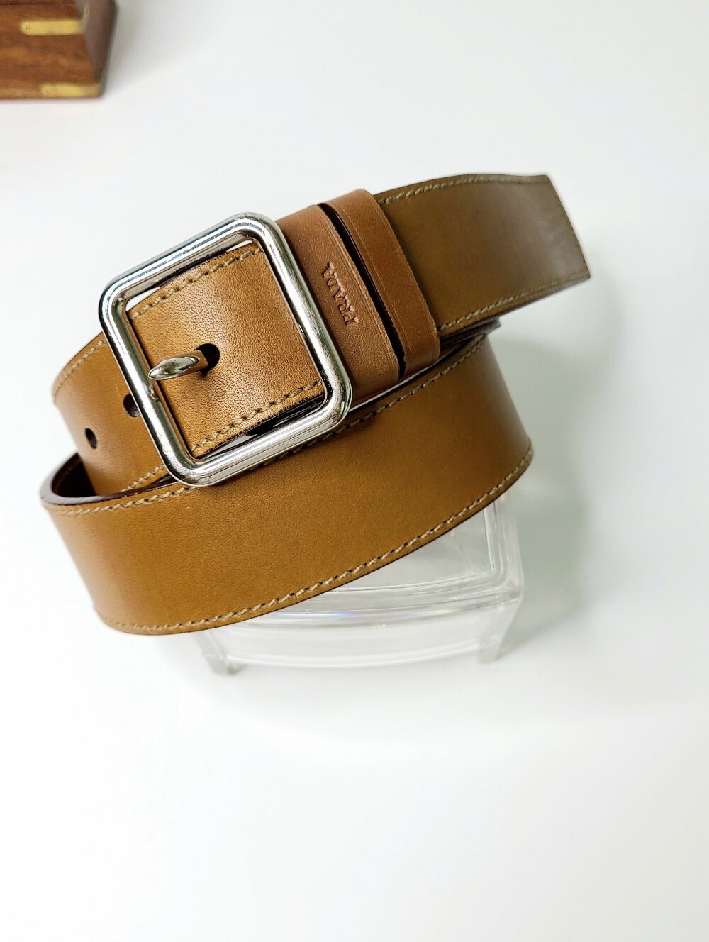 Prada Made In Italy Square Buckle Tan Genuine Leather Belt
